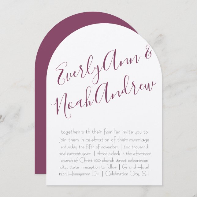 Cassis Plum Lila Minimalist Typography Bröllop Inbjudningar (Fram/baksida)