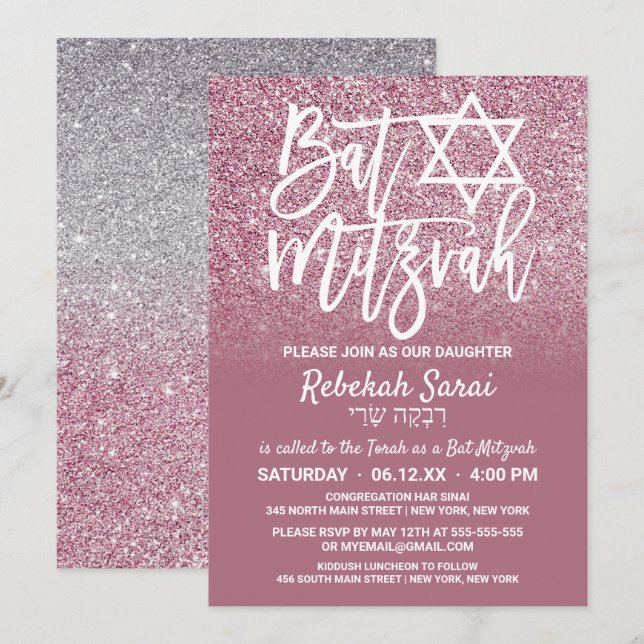 Cassis Rosa Silver Faux Glitter Ombre Bat mitzvah Inbjudningar (Fram/baksida)
