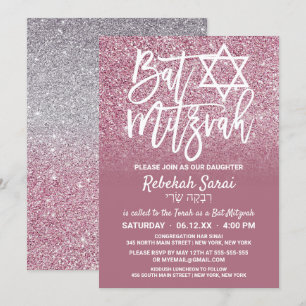 Cassis Rosa Silver Faux Glitter Ombre Bat mitzvah Inbjudningar