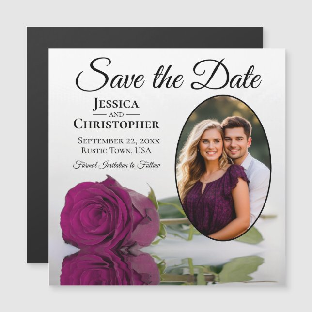 Cassis Rose på White Wedding Save The Date Foto Magnetisk Inbjudningskort (Fram/baksida)