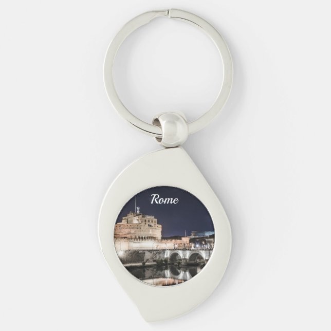 Castel Sant Angelo på natten i Rom Swirl Silverfärgad Nyckelring (Framsidan)