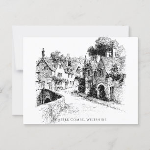 Castle Combe Village Sketch, Wiltshire England Vykort