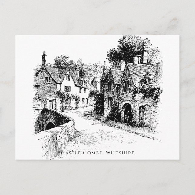 Castle Combe Village Sketch, Wiltshire England Vykort (Framsida)