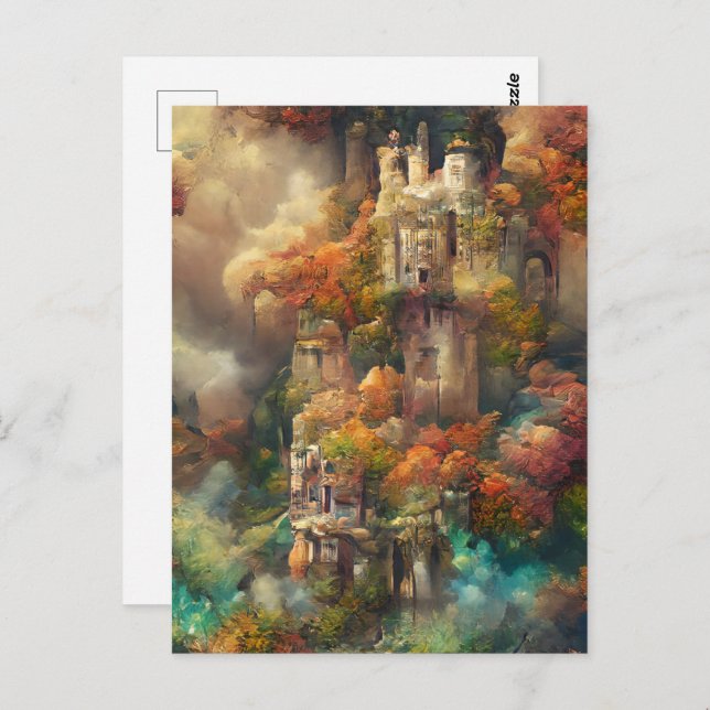 Castle in Forest, Fantasy Jungle, Fall Postcard Vykort (Fram/baksida)