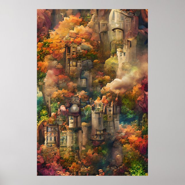 Castle in Forest, Fantasy Jungle, hösten Poster (Framsidan)