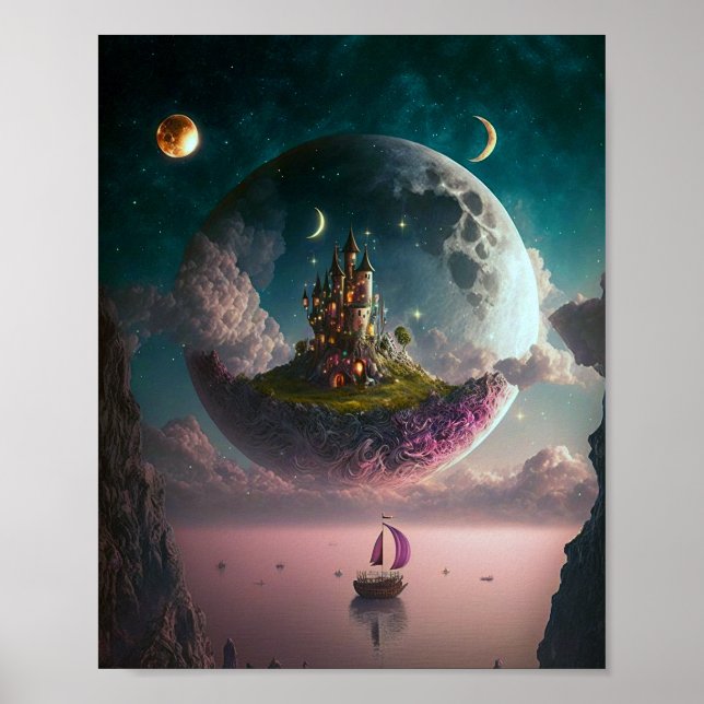 Castle in Måne Fantasy Art Poster (Framsidan)