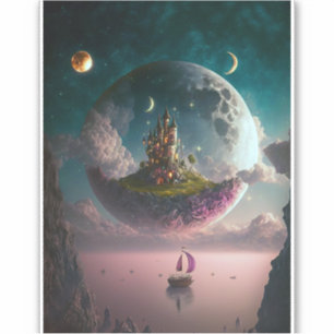 Castle in Måne Fantasy Art Sticker Klistermärken