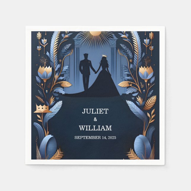 Castle Luxury Fuchsia Krona Royal Blue Bröllop Pappersservett (Framsidan)