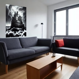 Castle på sten i stormiskt hav AI Art Poster