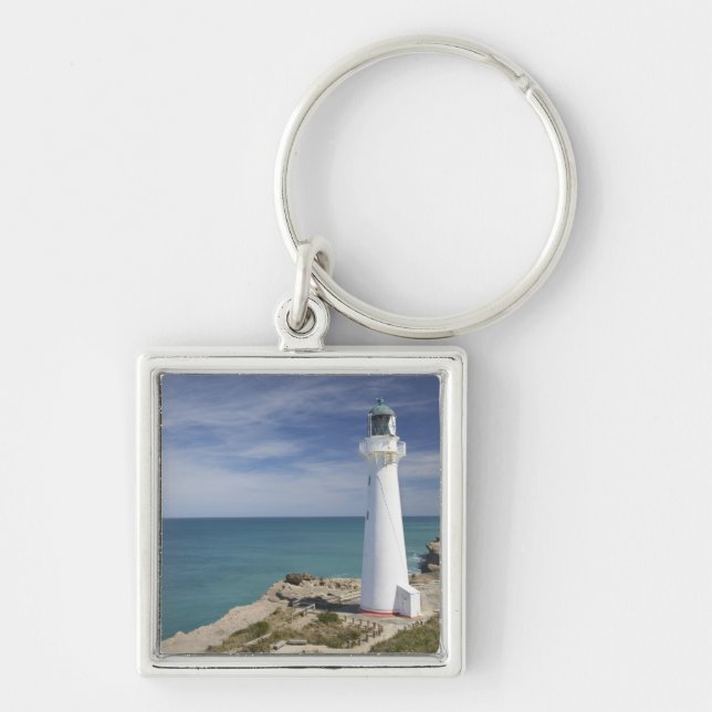 Castle Point Lighthouse, Castlepoint, Wairarapa, Fyrkantig Silverfärgad Nyckelring (Framsidan)