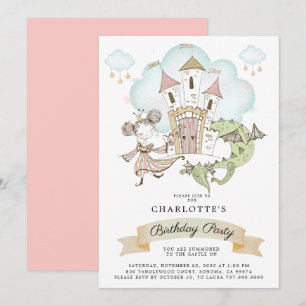 Castle Princess Dragon Girl Birthday Inbjudningar