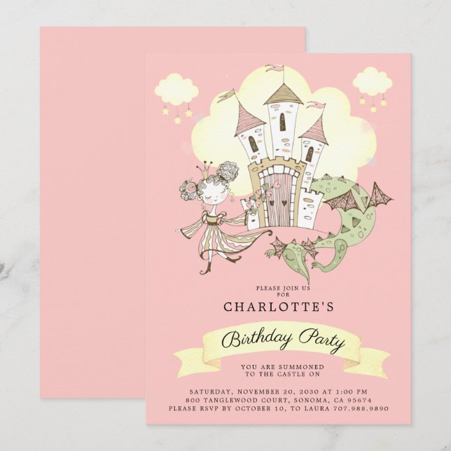 Castle Princess Dragon Girl Birthday Inbjudningar (Fram/baksida)