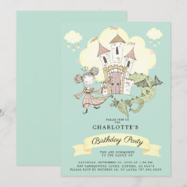 Castle Princess Dragon Girl's Blue Birthday Inbjudningar