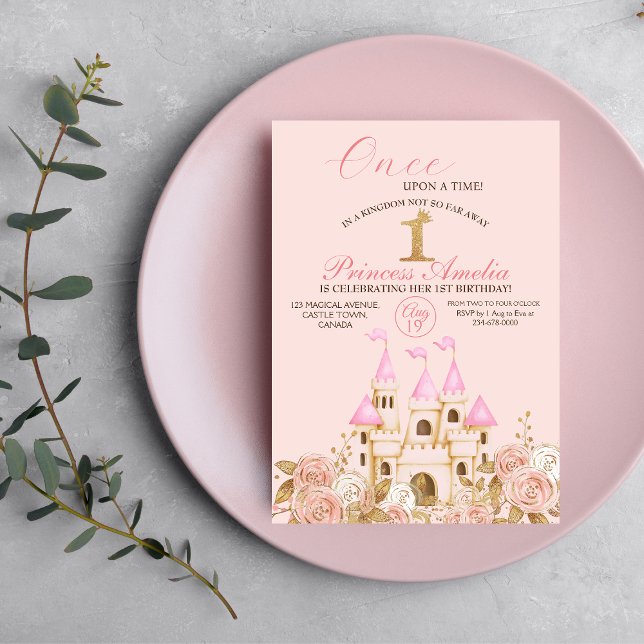 Castle Princess Rosa och Guld 1:a födelsedagen Par Inbjudningar (Skapare uppladdad)