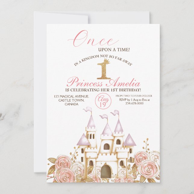 Castle Princess Rosa och Guld 1:a födelsedagen Par Inbjudningar (Framsida)