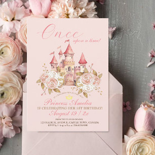Castle rosa ros Princess 1:a födelsedagen Party Inbjudningar
