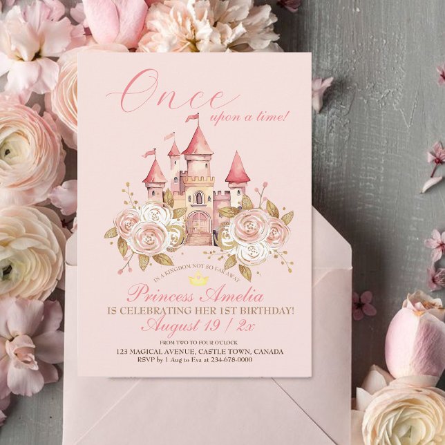 Castle rosa ros Princess 1:a födelsedagen Party Inbjudningar (Skapare uppladdad)