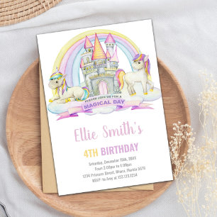 Castle under Rainbow Unicorn Birthday bjudande Inbjudningar