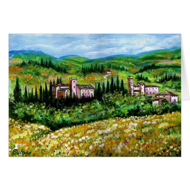 CASTLES IN CHIANTI LANDSCAPE ,GULT FLOWER FÄLT HÄLSNINGSKORT (Framsidan Horizontal)