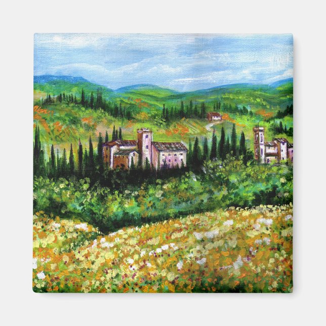 CASTLES IN CHIANTI LANDSCAPE ,GULT FLOWER FÄLT MAGNET (Framsidan)