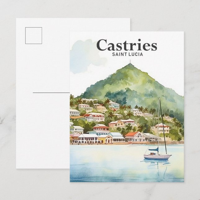 Castries Saint Lucia Watercolor Painting Travel Vykort (Fram/baksida)