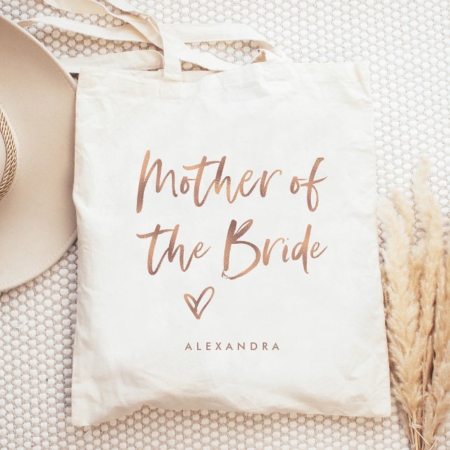 Casual Script | CHIC RO GULD BUDENS MAMMA Tygkasse (A modern faux rose gold look tote bag with casual script that says "mother of the bride" and a heart)