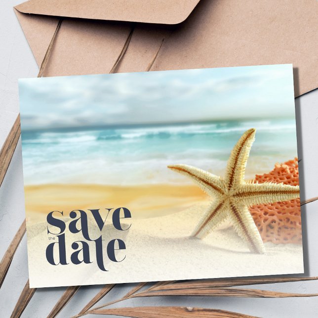 Casual sjöstjärna strand bröllop Spara datum Meddelande Vykort (Casual Starfish Beach Wedding Save the Date Postcard)