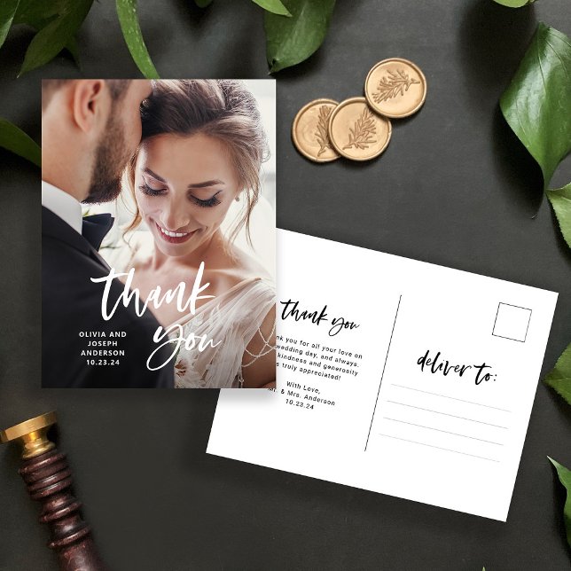 Casual skript och foto | Bröllak tack brev Vykort (A modern and casual spin on a wedding thank you card - simply add your photo for an elegant result!)