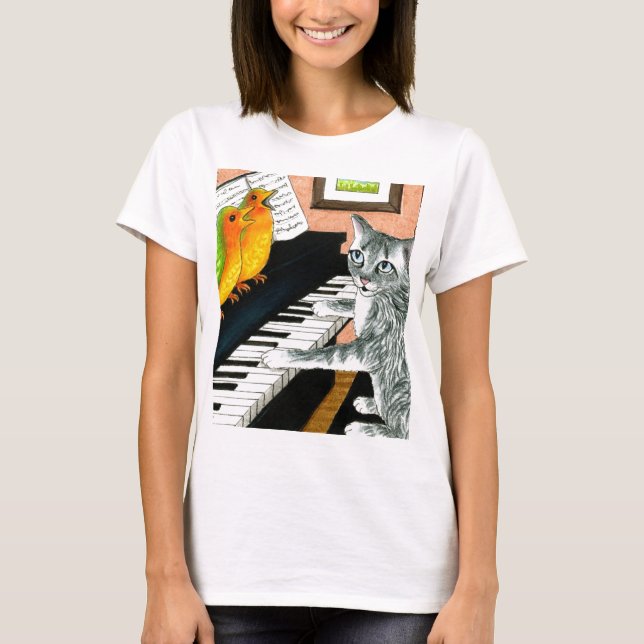 Cat 457 playing Piano Birds Tee (Framsida)