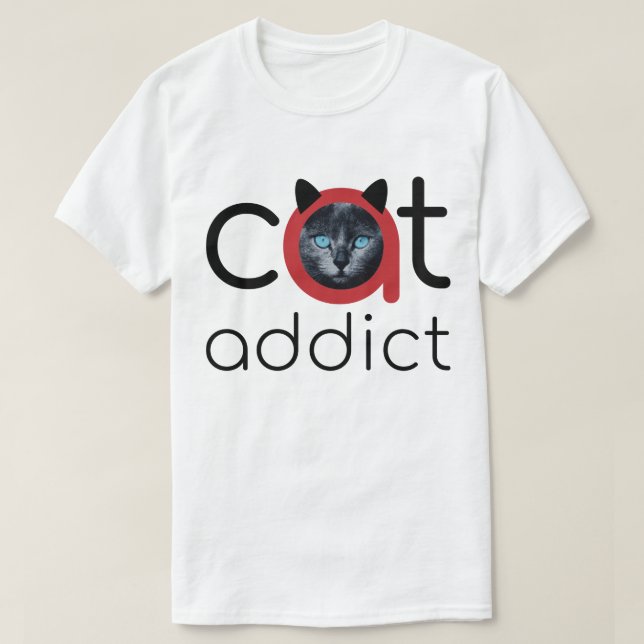 Cat Addict Black Blue Ögon Art T Shirt (Design framsida)