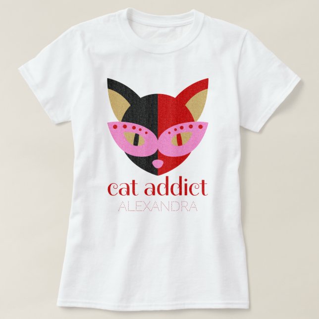 Cat Addict Cute Black Red Rosa Namn Anpassad T Shirt (Design framsida)