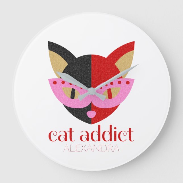 Cat Addict Cute Black Red Rosa Namn Personlig Stor Klocka (Framsida)