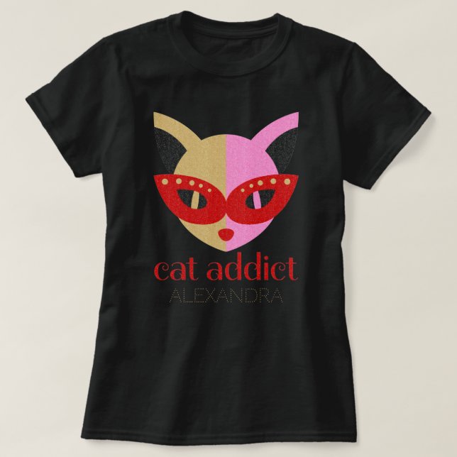 Cat Addict Cute Red Rosa Guld, anpassat Namn T Shirt (Design framsida)