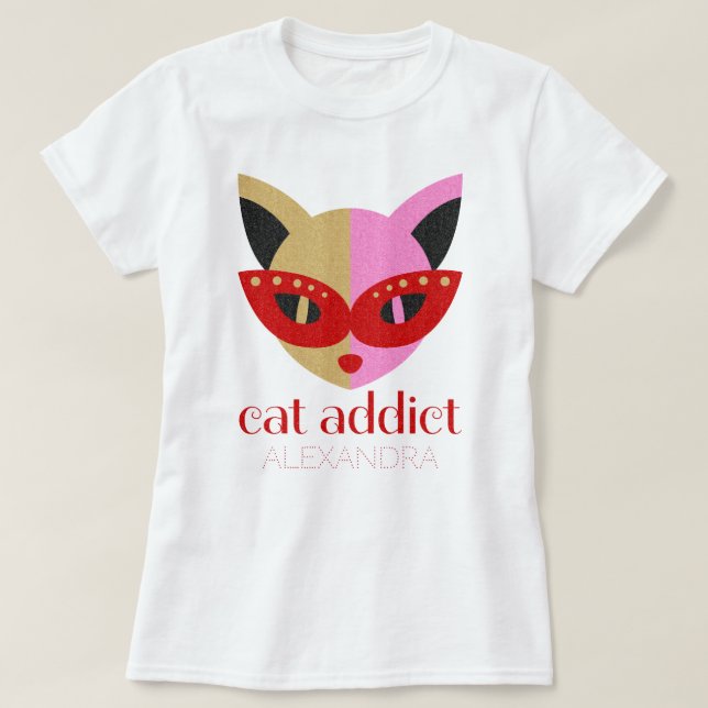 Cat Addict Cute Red Rosa Guld Namn, anpassad T Shirt (Design framsida)