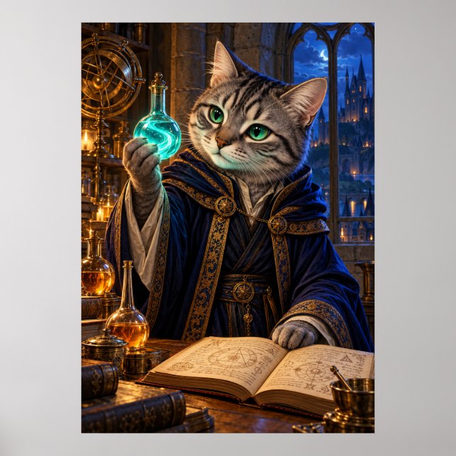 Cat Alchemist Fantasy Wizard Wall Art Poster (Framsidan)