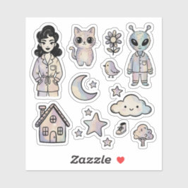 Cat Alien Pinup Girl Cool Illustration Sticker Set Klistermärken