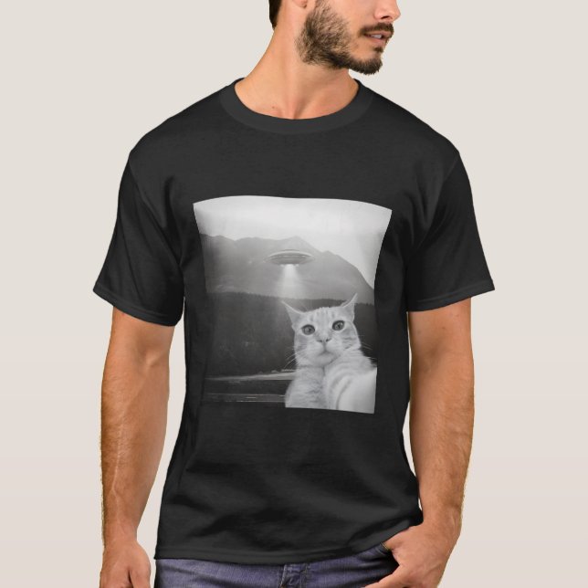 Cat Alien Ufo Selfie T Shirt (Framsida)