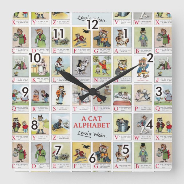Cat Alphabet, Louis Wain Fyrkantig Klocka (Framsida)