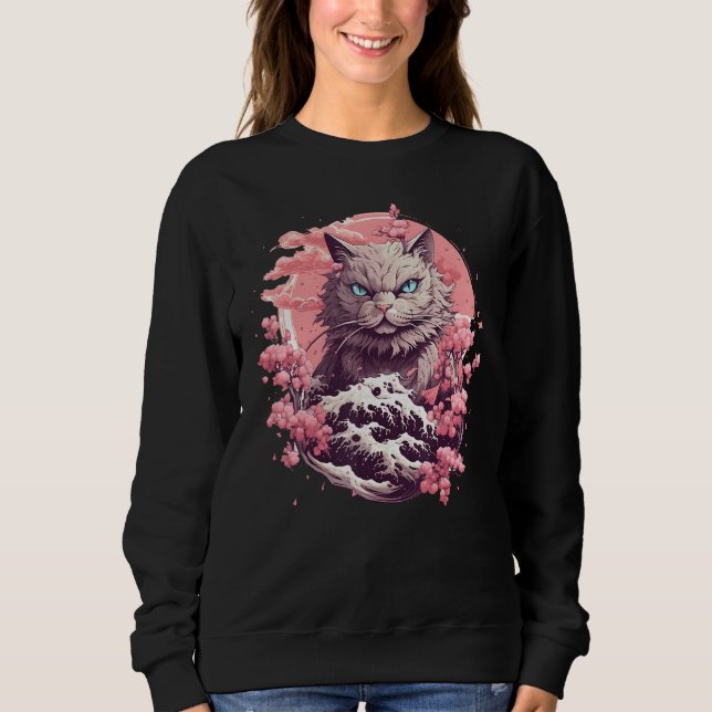 Cat Among Cherry Blossoms  Japanese Cat T Shirt (Framsida)