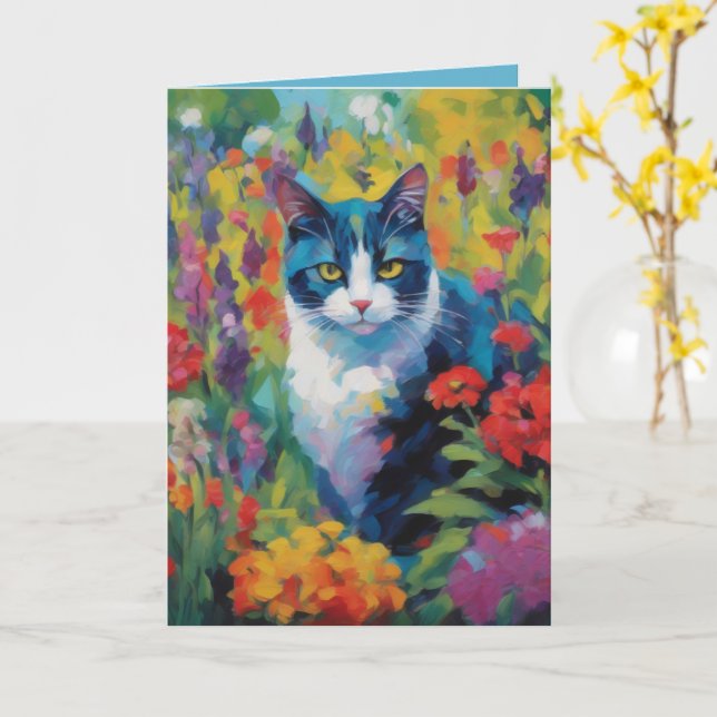 Cat amongst Flowers Greetings Card Kort (Gul blomma)