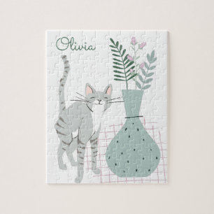 Cat and Boho Flowers Teckning Personlig Pussel