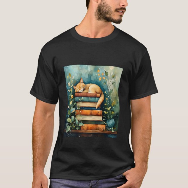 Cat and Books - Cute Cat Lover T Shirt (Framsida)