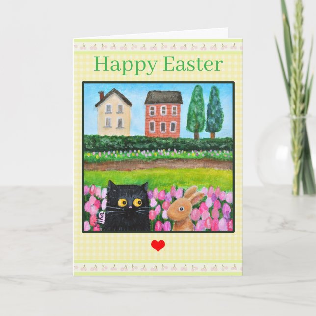 Cat and Bunny among Tulips Cute Spring Landscape Kort (Framsida)