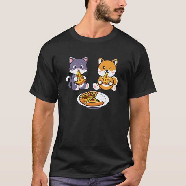 Cat And Corgi Dog Eating Pizza Kids T Shirt (Framsida)