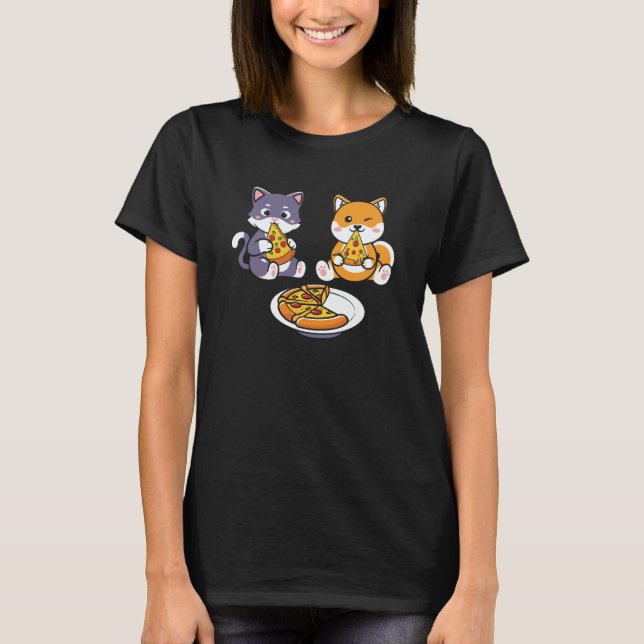 Cat And Corgi Dog Eating Pizza Kids T Shirt (Framsida)