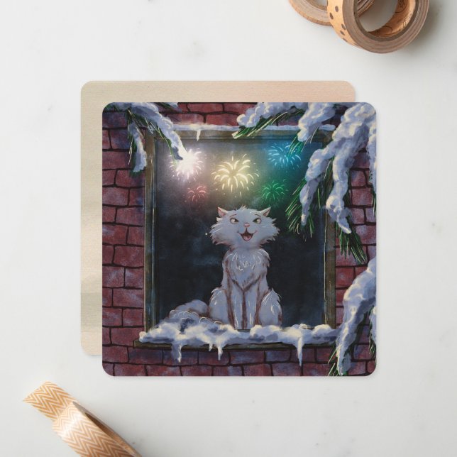 Cat and fireworks - card - by Monika Marzec Anteckningskort (Fram/Back In Situ)