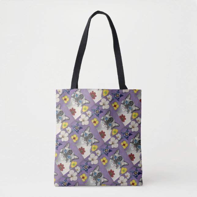 Cat and floral pattern tote bag  tygkasse (Framsida)