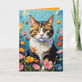 Cat and Flowers Greetings Card Kort