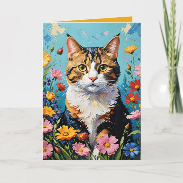 Cat and Flowers Greetings Card Kort (Framsida)