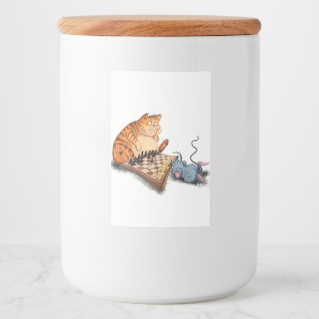 Cat and Mouse Playing Chess Cartoon Drawing Funny  Mat Etikett (Framsida)